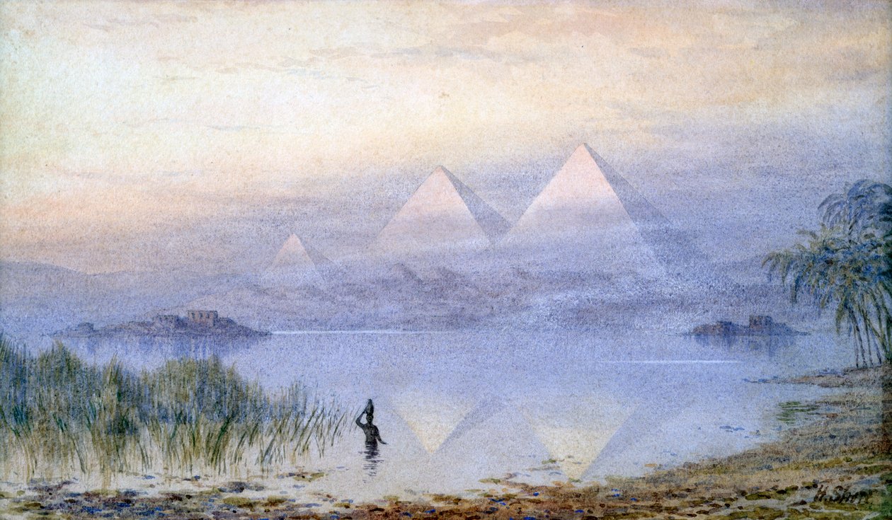 „Piramidy podczas powodzi na Nilu”, Egipt, 1888 r. autorstwa Henry Noel Shore