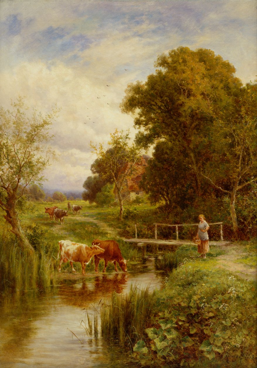 Po drugiej stronie strumienia, Midgham, Berkshire (olej na płótnie) autorstwa Henry Parker