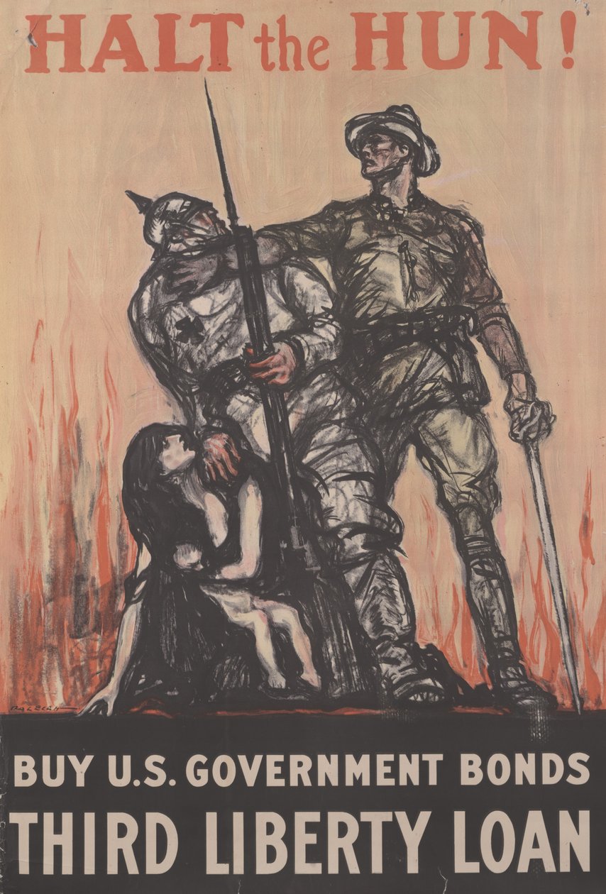 Zatrzymaj Huna! Kup amerykańskie obligacje rządowe, trzecia pożyczka na wolność, ok. 1918 (kolor lito) autorstwa Henry Patrick Raleigh