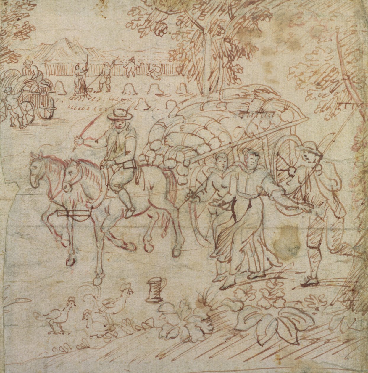 Krajobraz z kombajnami powracającymi do domu, ok. 1595-1605 (długopis i brązowy tusz na papierze) autorstwa Henry Peacham