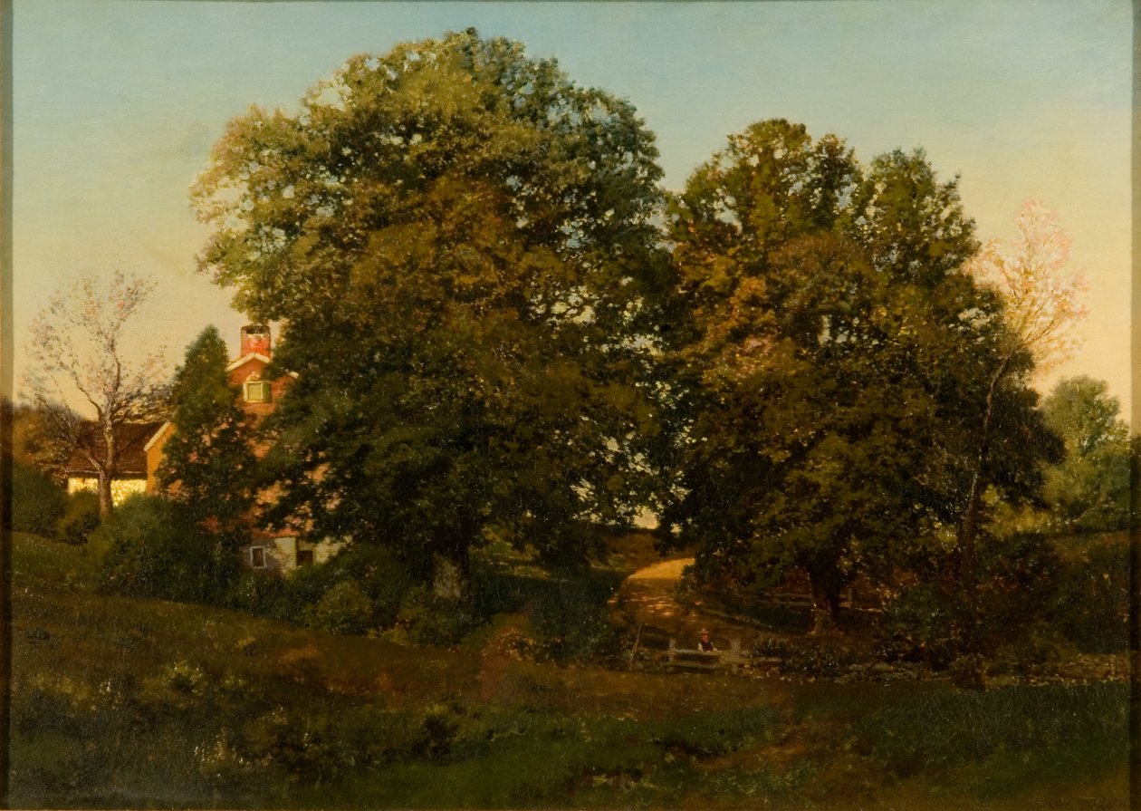 Stare dęby o zachodzie słońca (olej na płótnie) autorstwa Henry Pember Smith