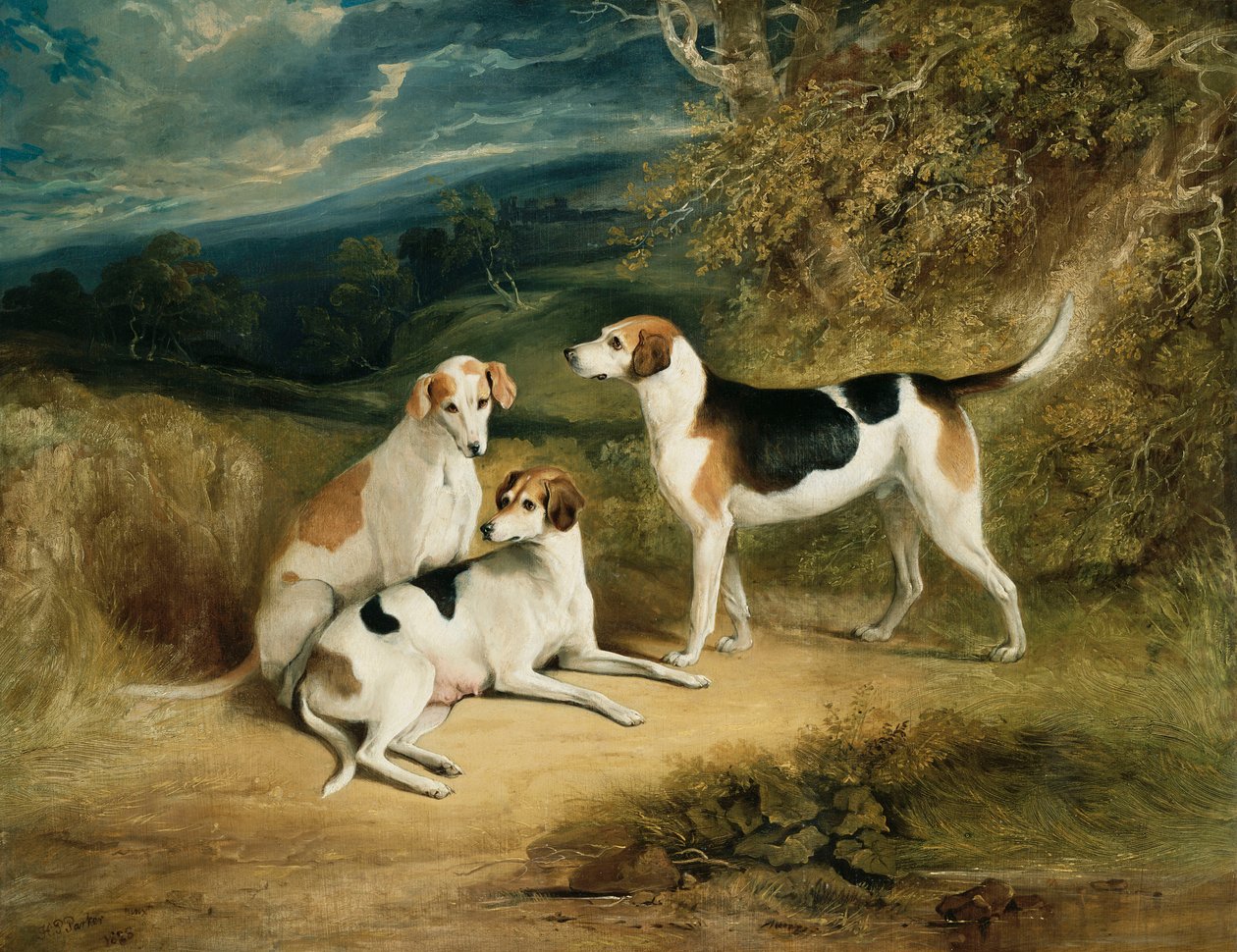 Ogary księcia Rutland z zamkiem Belvoir w oddali, 1828 autorstwa Henry Perlee Parker