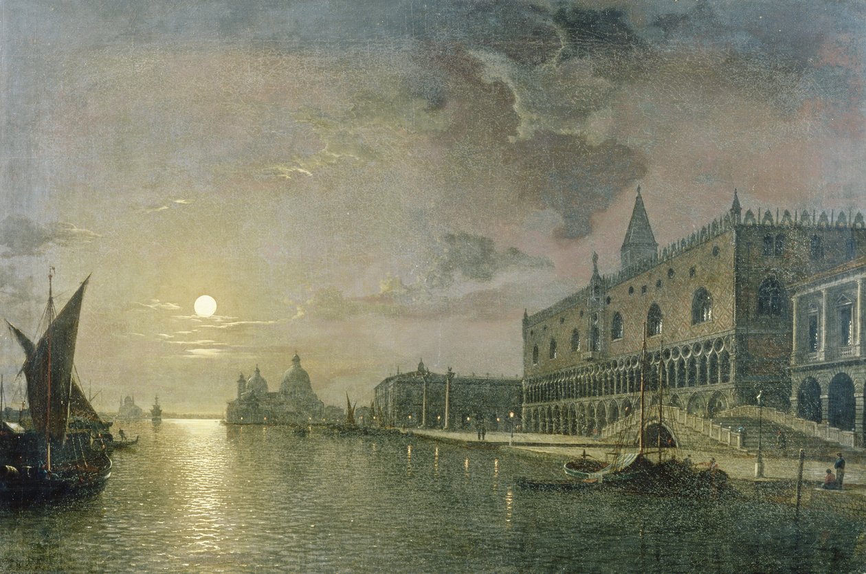 Księżycowy widok na Bacino Di San Marco, Wenecja, z Pałacem Dożów autorstwa Henry Pether