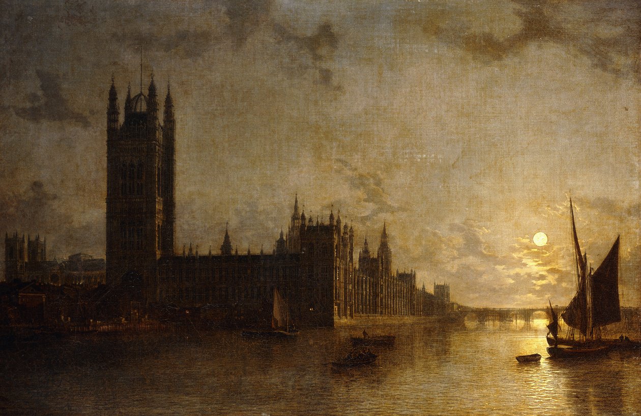 Opactwo Westminsterskie, Budynki Parlamentu wraz z budową mostu Westminster, 1859 autorstwa Henry Pether