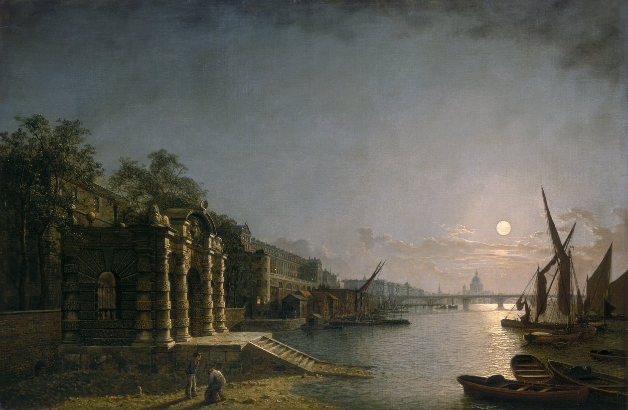 "York Water Gate i Adelphi od rzeki przy świetle księżyca", c1850. autorstwa Henry Pether