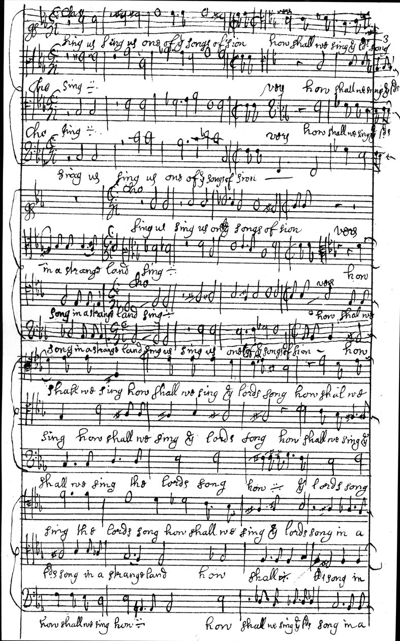 Autograf rękopisu partytury Psalmu 137 Jak śpiewać pieśń Pana w obcej krainie przed 1683 autorstwa Henry Purcell