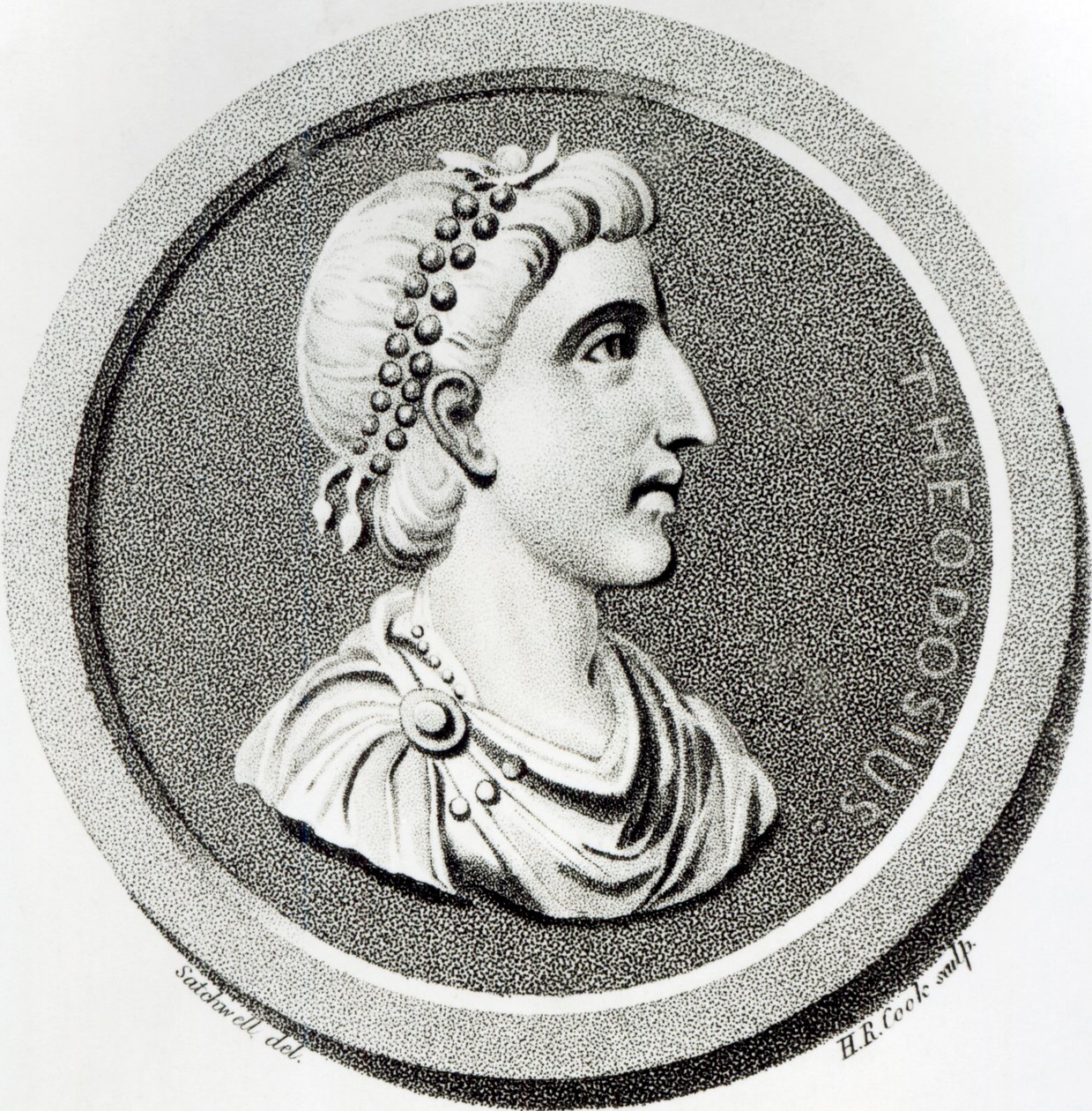 Portret Teodozjusza, z „Historii upadku i upadku Cesarstwa Rzymskiego”, tom 9, strona 139, autorstwa Edwarda Gibbona, 1808 autorstwa Henry R. Cook