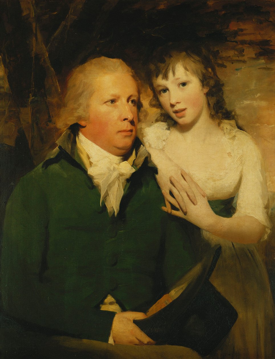 Portret sir Aleksandra Dona, siedzącego do połowy długości, siedzącego w zielonym płaszczu ze swoją córką Elżbietą, opartą na jego ramieniu, autorstwa Henry Raeburn