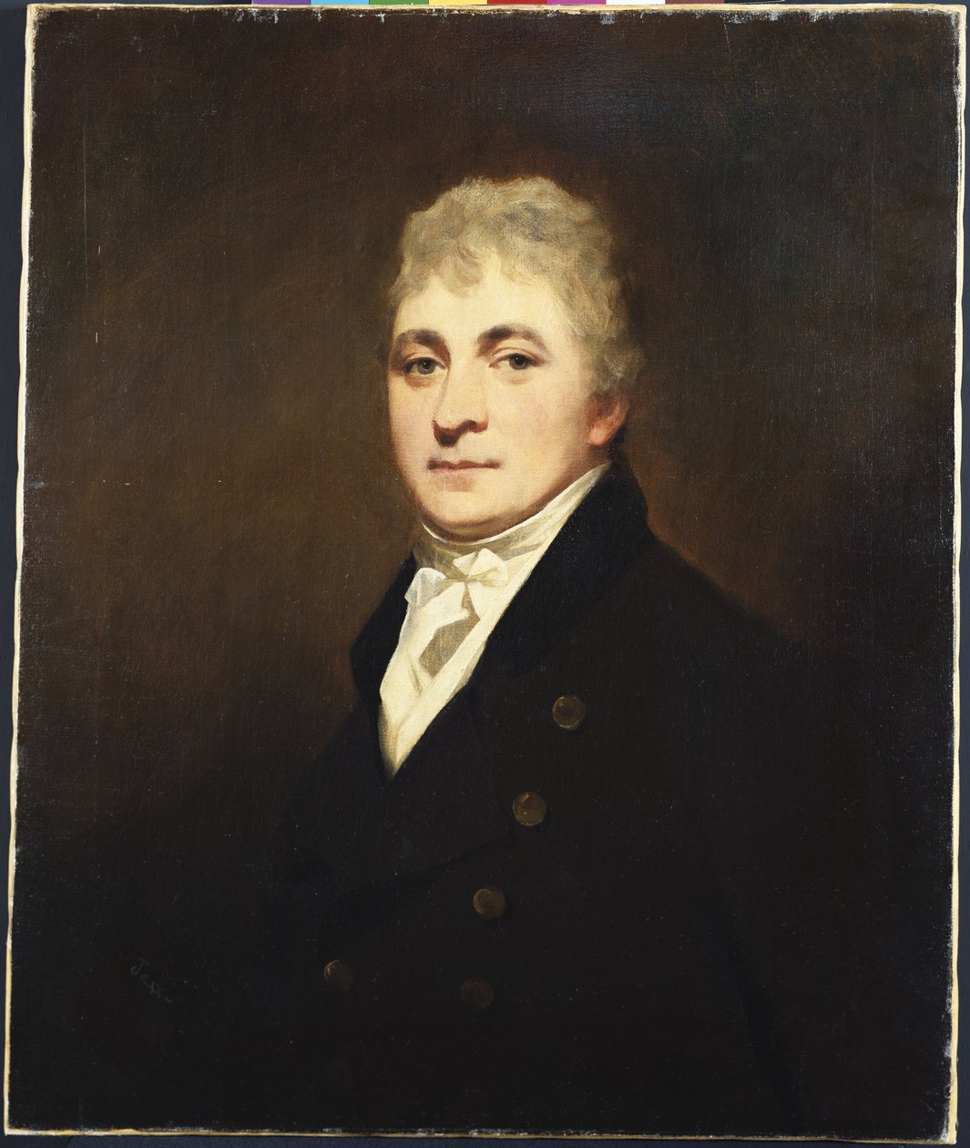 Portret Thomasa Bisslanda, połowa długości, w czarnym płaszczu i białej kolbie autorstwa Henry Raeburn