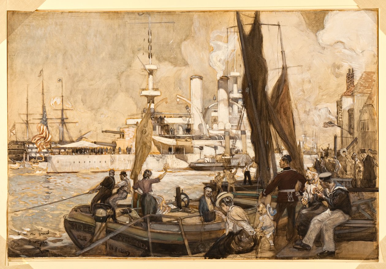 Amerykański pancernik „Kearsarge” w porcie Portsmouth autorstwa Henry Reuterdahl