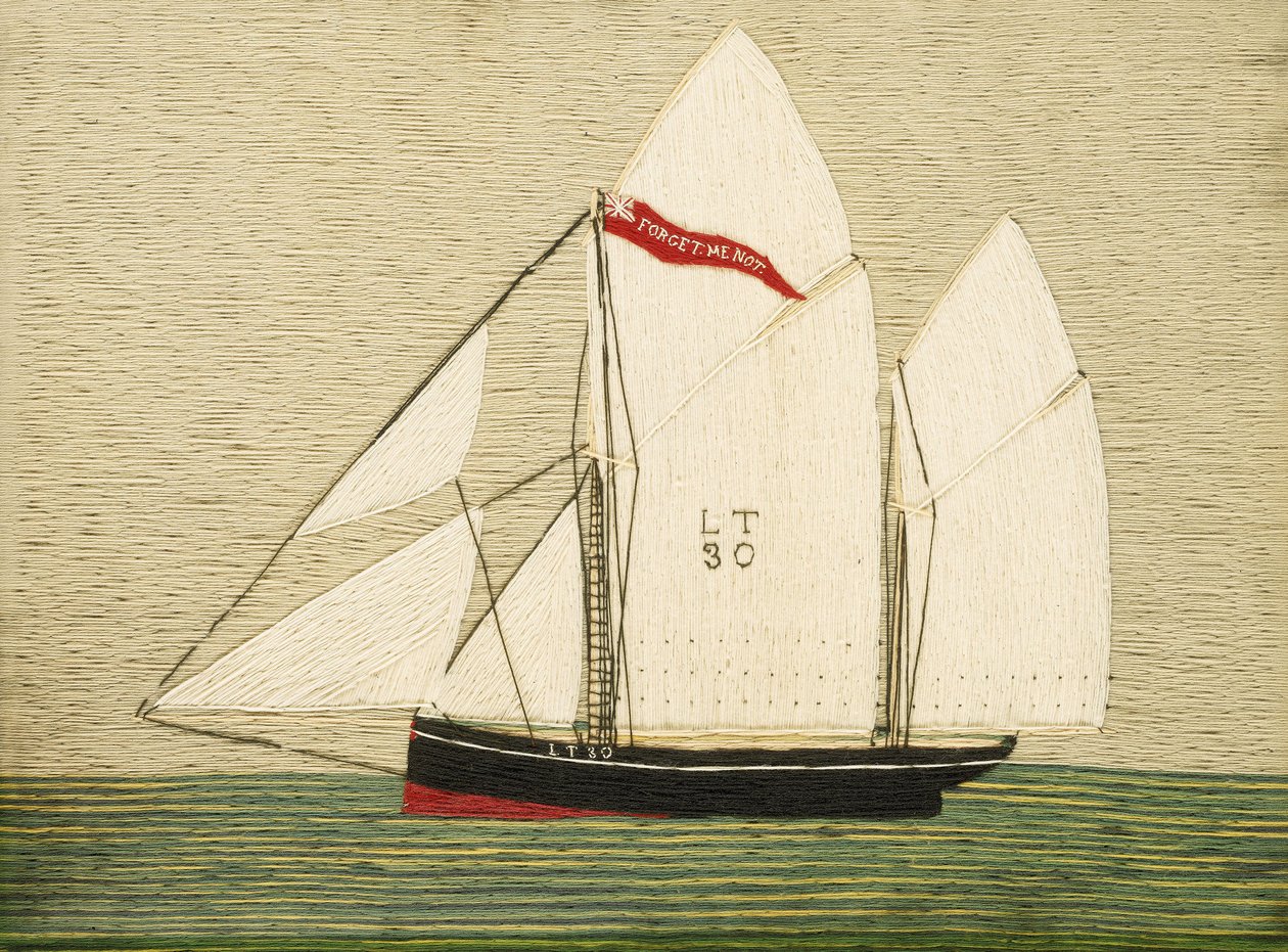 Trawler "Forget Me Not", zbudowany w 1883 r. w Brixham (Anglia). Haft na wełnie, przed 1909 r., wykonany przez Henry