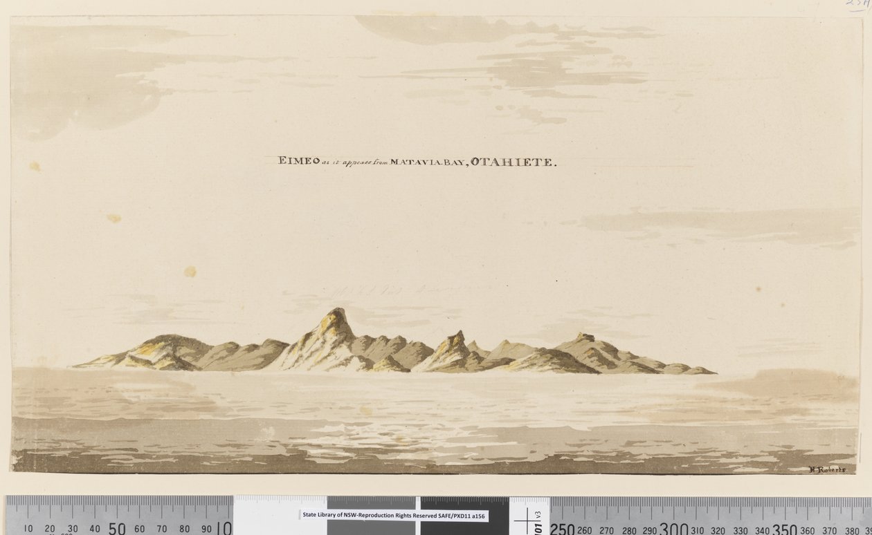 Strona 25aa Eimeo, jak się wydaje z Zatoki Matavai, Otahiete, 1768-75 (pióro i atrament i pranie) autorstwa Henry Roberts
