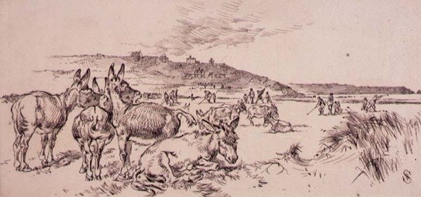 Osły na polu golfowym, ilustracja z magazynu „Graphic”, wyd. c.1870 (lito) autorstwa Henry Sandercock