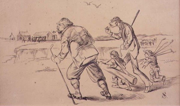 Golfiści udają się do Practice on the Beach, ilustracja z magazynu „Graphic”, pub. c.1870 (lito) autorstwa Henry Sandercock