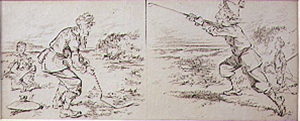 Golfer zakłócony przez wietrzny podmuch, ilustracja z magazynu „Graphic”, wyd. c.1870 (lito) autorstwa Henry Sandercock
