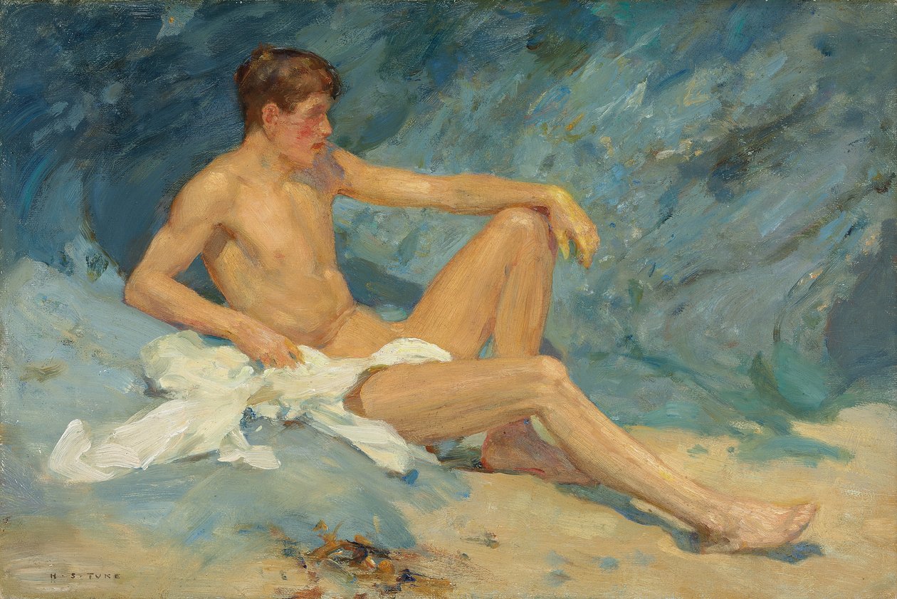 Nagi mężczyzna leżący na skałach autorstwa Henry Scott Tuke