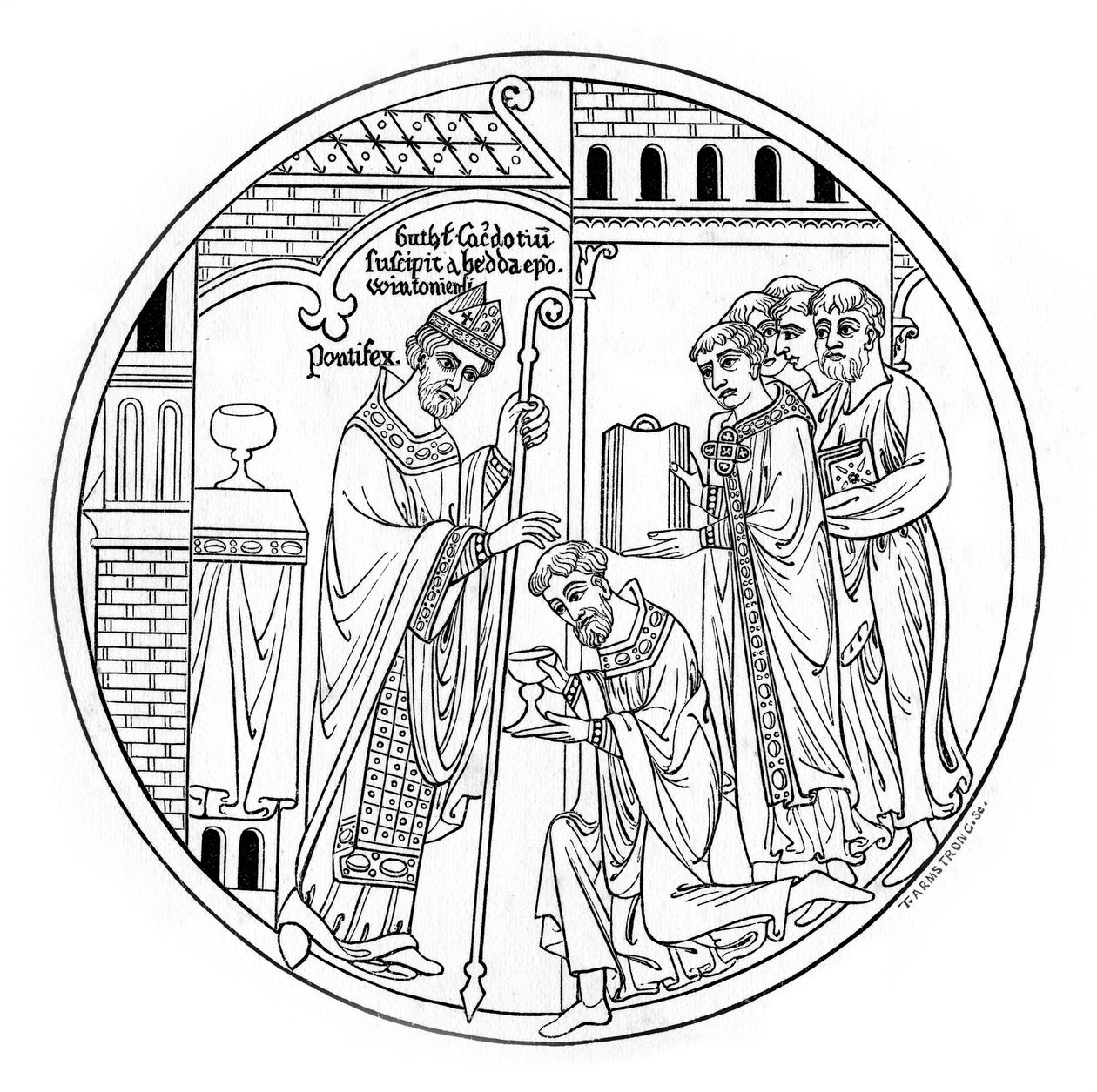 Hedda z Winchester konsekruje św. Guthlac, koniec XII wieku, 1843. autorstwa Henry Shaw