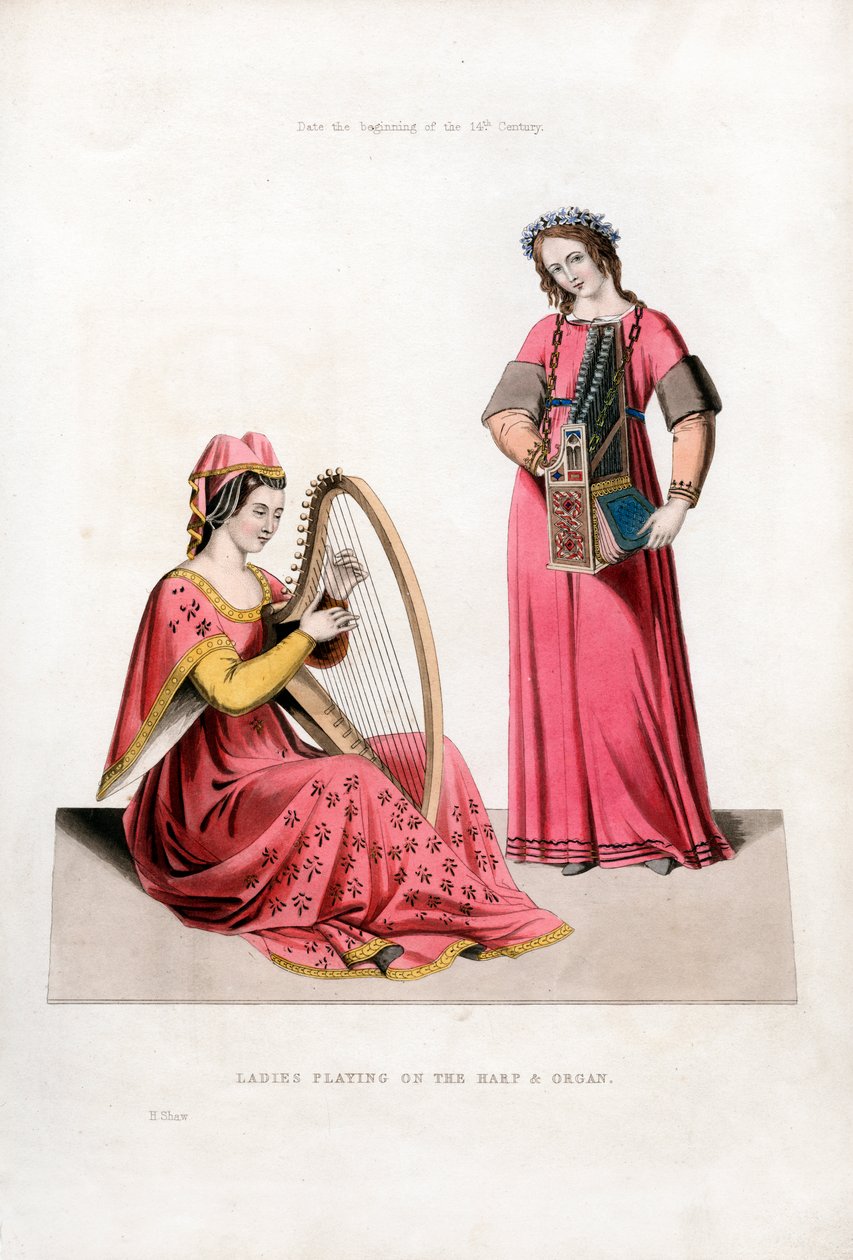 Kobiety grające na harfie i organach, początek XIV wieku, 1843. autorstwa Henry Shaw