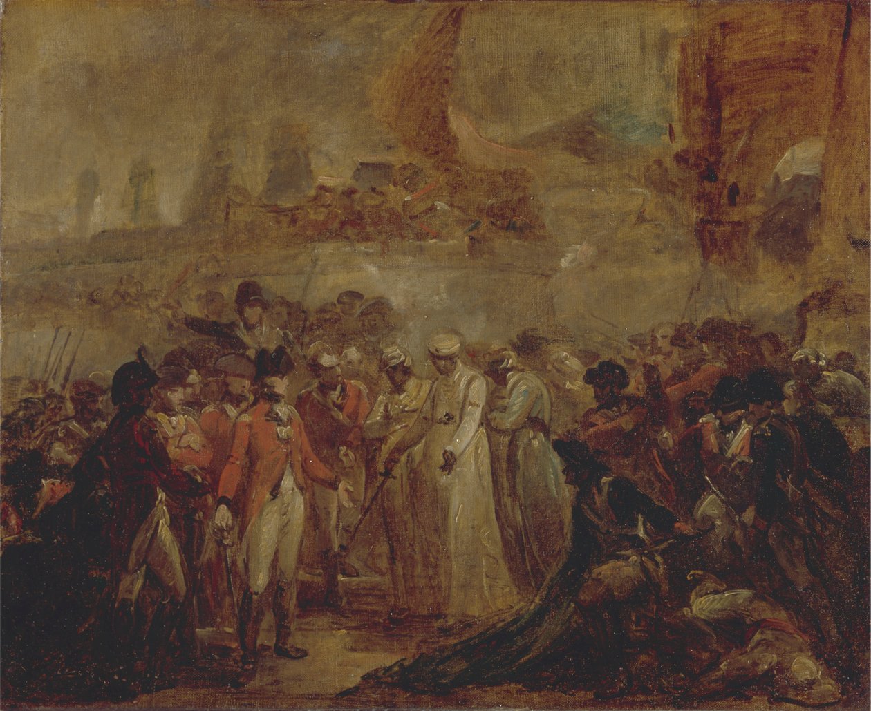 Poddanie się dwóch synów Tipu Sahiba, sułtana Mysuru, Sir Davidowi Bairdowi autorstwa Henry Singleton