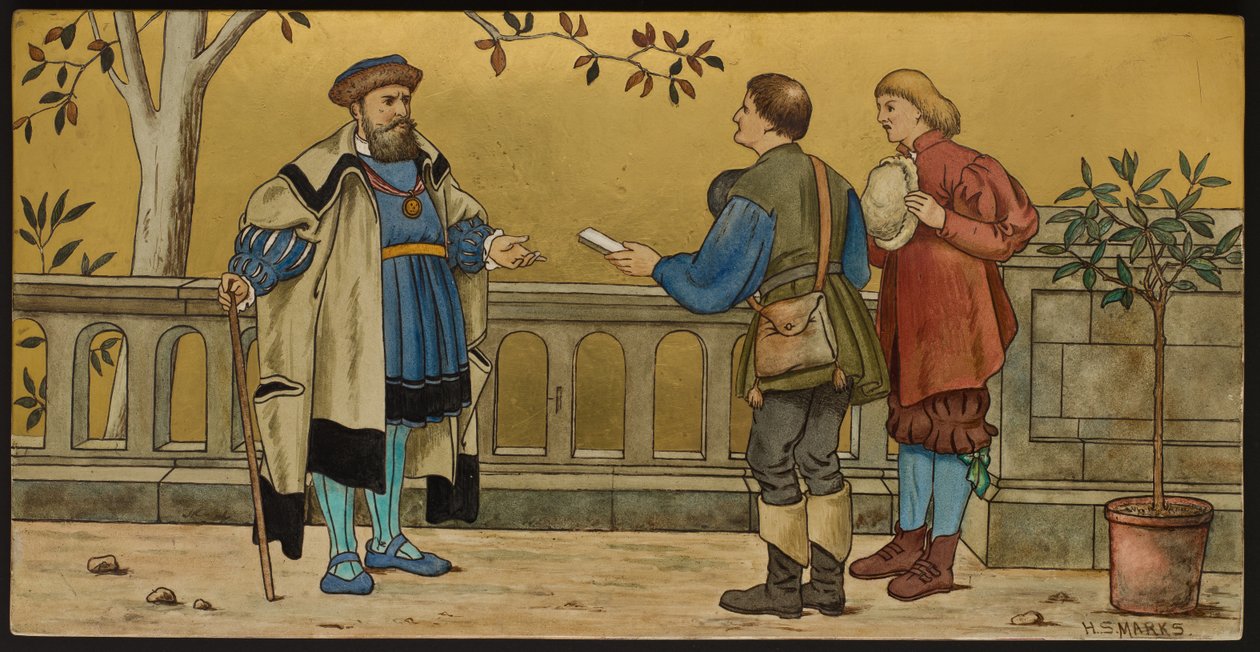 Sprawiedliwość, tablica przedstawiająca ilustrację z Siedmiu Wieków Szekspira, wyroby Minton, Staffordshire, 1874 (ceramika emaliowana) autorstwa Henry Stacey after Marks