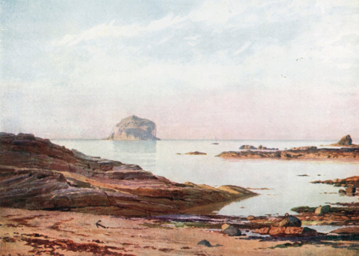 The Bass Rock - Spokojny wieczór (kolorowa litografia) autorstwa Henry Sutton Palmer