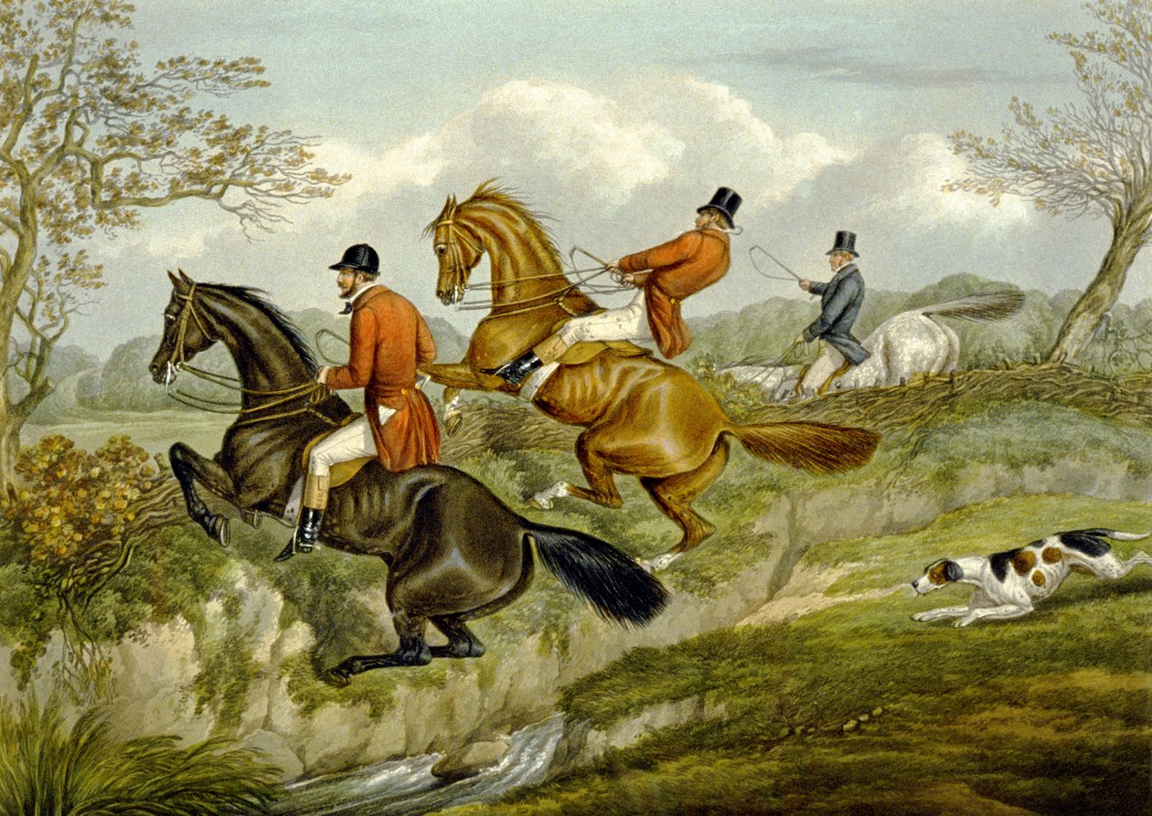 Scrambling Over a Hedge, płyta z „The Right and The Wrong Sort”, w Fores Hunting Sketches, grawerowana przez Johna Harrisa autorstwa Henry Thomas (after) Alken