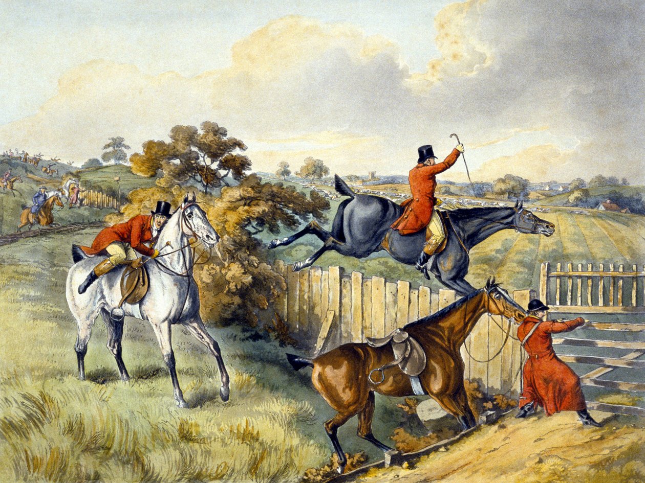 The Leap, z „Polowanie na lisy”, grawerowane przez Thomasa Sutherlanda (1785-1838) (kolor lito) autorstwa Henry Thomas (after) Alken