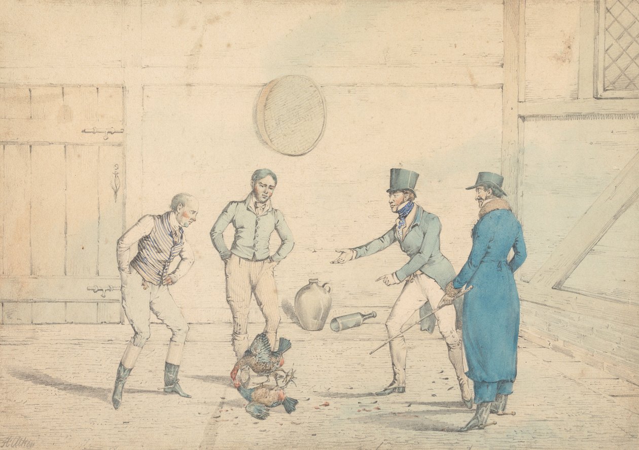 Walka kogutów obserwowana przez czterech mężczyzn w budynku gospodarczym: Walka, rytowana jako tablica 39 w "The National Sports of Great Britain" autorstwa Henry Thomas Alken