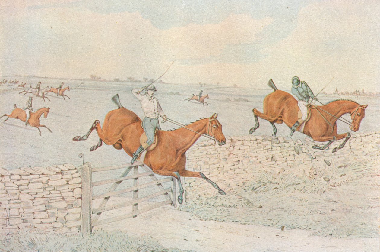 Bieg z przeszkodami: uderzenie w kamienną ogrodzenie. 5 do 4 na białym, 1827 autorstwa Henry Thomas Alken