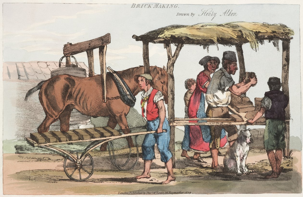 Brick Making, wyd. Thomas Mclean z Haymarket, 1824 (kolorowa akwaforta) autorstwa Henry Thomas Alken