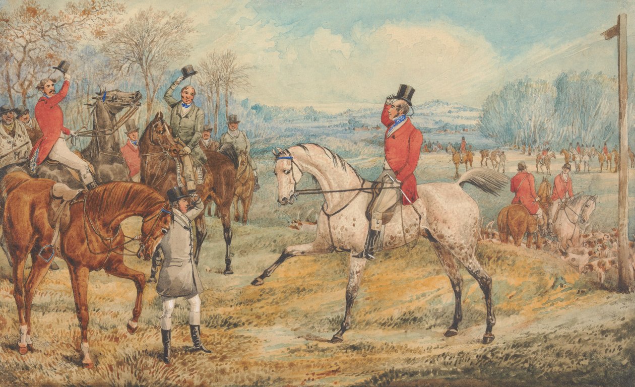 Ilustracja do „The Analysis of the Hunting Field” R. S. Surteesa: spotkanie: „Z promiennymi twarzami i radosnymi sercami” autorstwa Henry Thomas Alken
