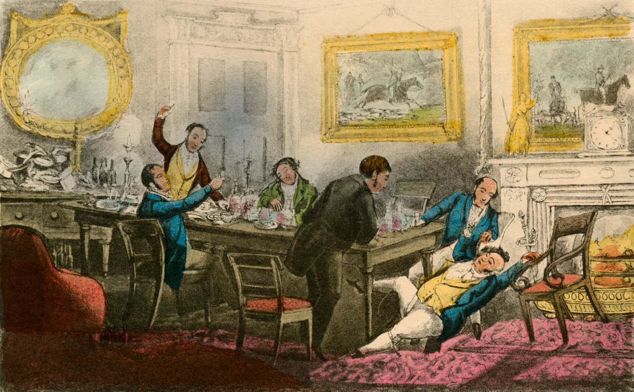 Podnieś mnie! Przywiąż mnie do mojego krzesła! Napełnij moją szklankę!, 1838 autorstwa Henry Thomas Alken