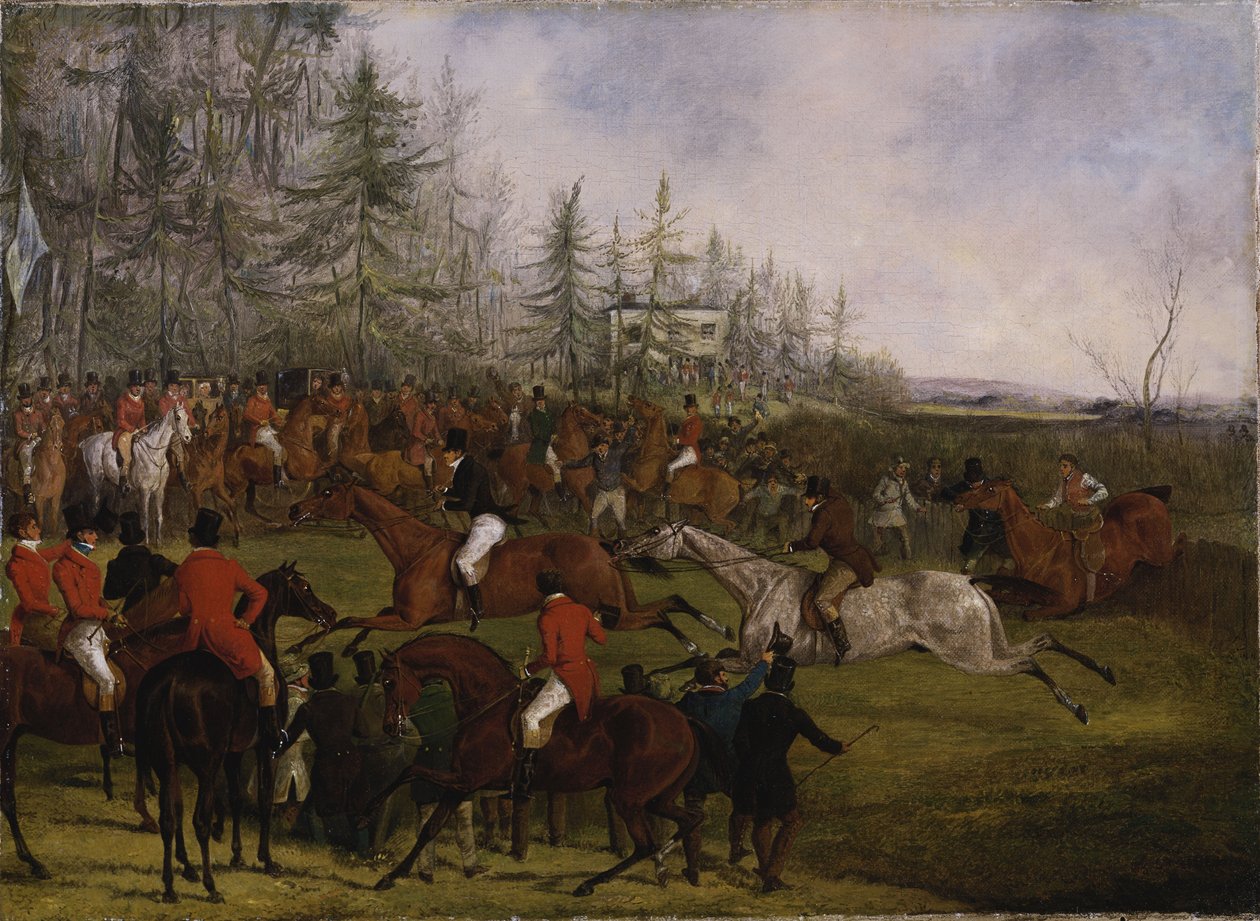 Grand Leicestershire Steeplechase, 12 marca 1829: Zwycięski posterunek i Billesdon Coplow autorstwa Henry Thomas Alken