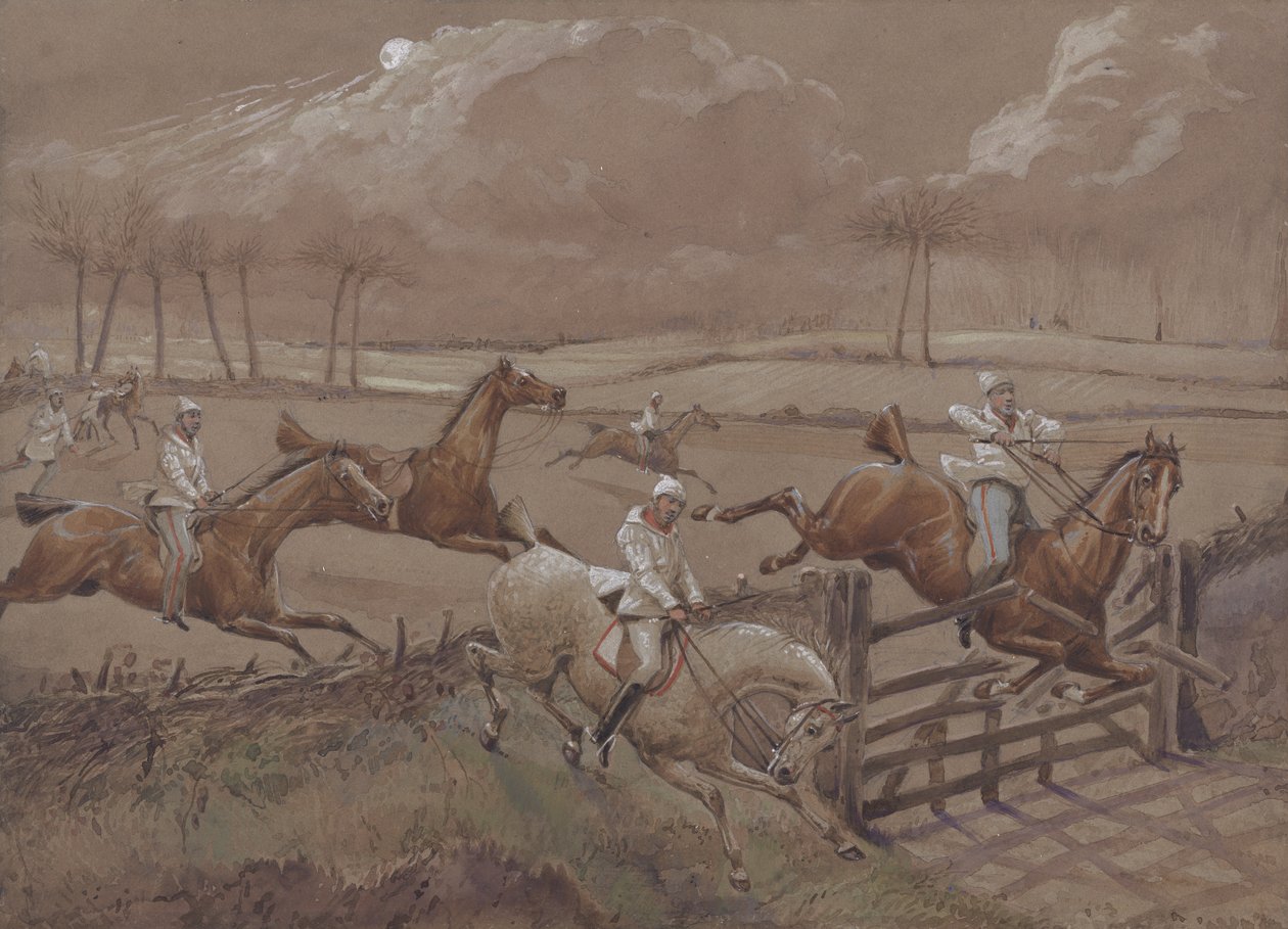 Ostatnie pole w pobliżu Nacton Heath, płyta 3, z Pierwszego pościgu z przeszkodami, ryt. J. Harris, wydrukowany przez Ackermanna, Londyn w 1839 (kolorowa akwatinta) autorstwa Henry Thomas Alken