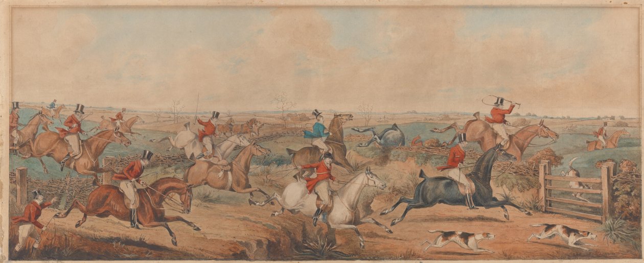 Polowanie w Leicestershire – walka o start autorstwa Henry Thomas Alken