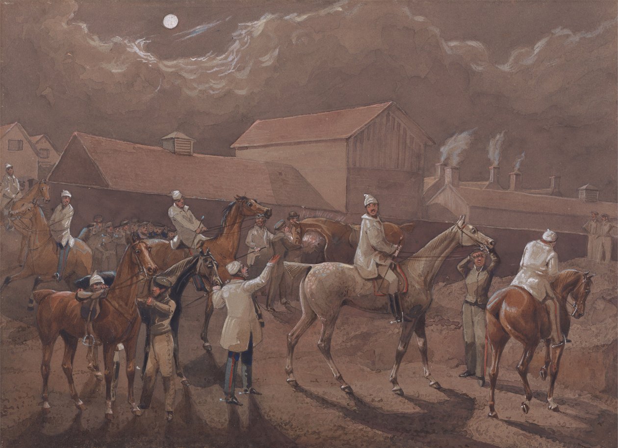 Nocni jeźdźcy z Nacton: przygotowania do wyjazdu. Ipswich, wodopój za koszarami autorstwa Henry Thomas Alken