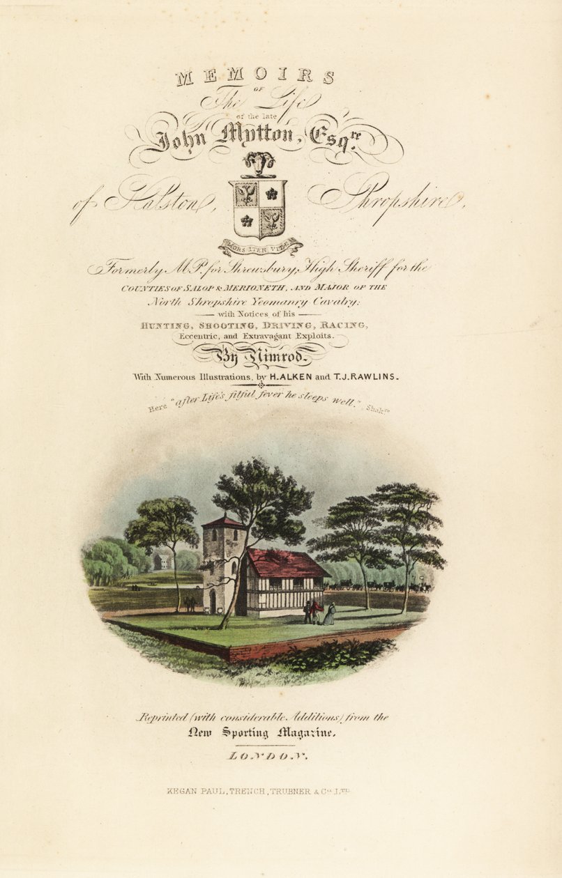 Strona tytułowa z kaligraficznym tytułem i winietą angielskiego Tudor autorstwa Henry Thomas Alken