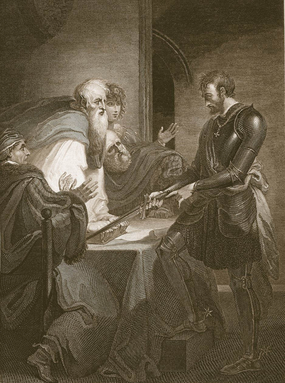Hrabia Warenne uzasadniający tytuły własności swoich posiadłości, rycina J. Fittlera, ilustracja z "Historii Anglii" Davida Hume