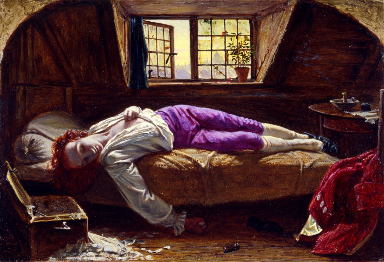 Śmierć Chattertona, ok. 1856 (olej na desce) autorstwa Henry Wallis