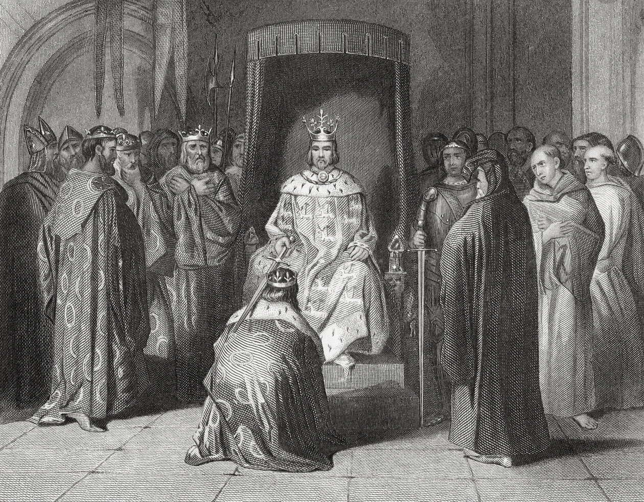 Król Ryszard II pasujący na rycerzy królów Connaught, Ulster, Thomond i Leinster w 1394 r., „Historia Irlandii” Thomasa Wrighta, opublikowana ok. 1854 r. autorstwa Henry Warren