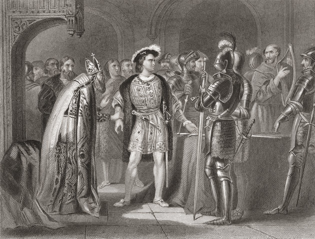 Lord Thomas Fitzgerald wyrzeka się wierności Henrykowi VIII w 1534 r., z „Historii Irlandii” Thomasa Wrighta, opublikowanej ok. 1854 r. autorstwa Henry Warren