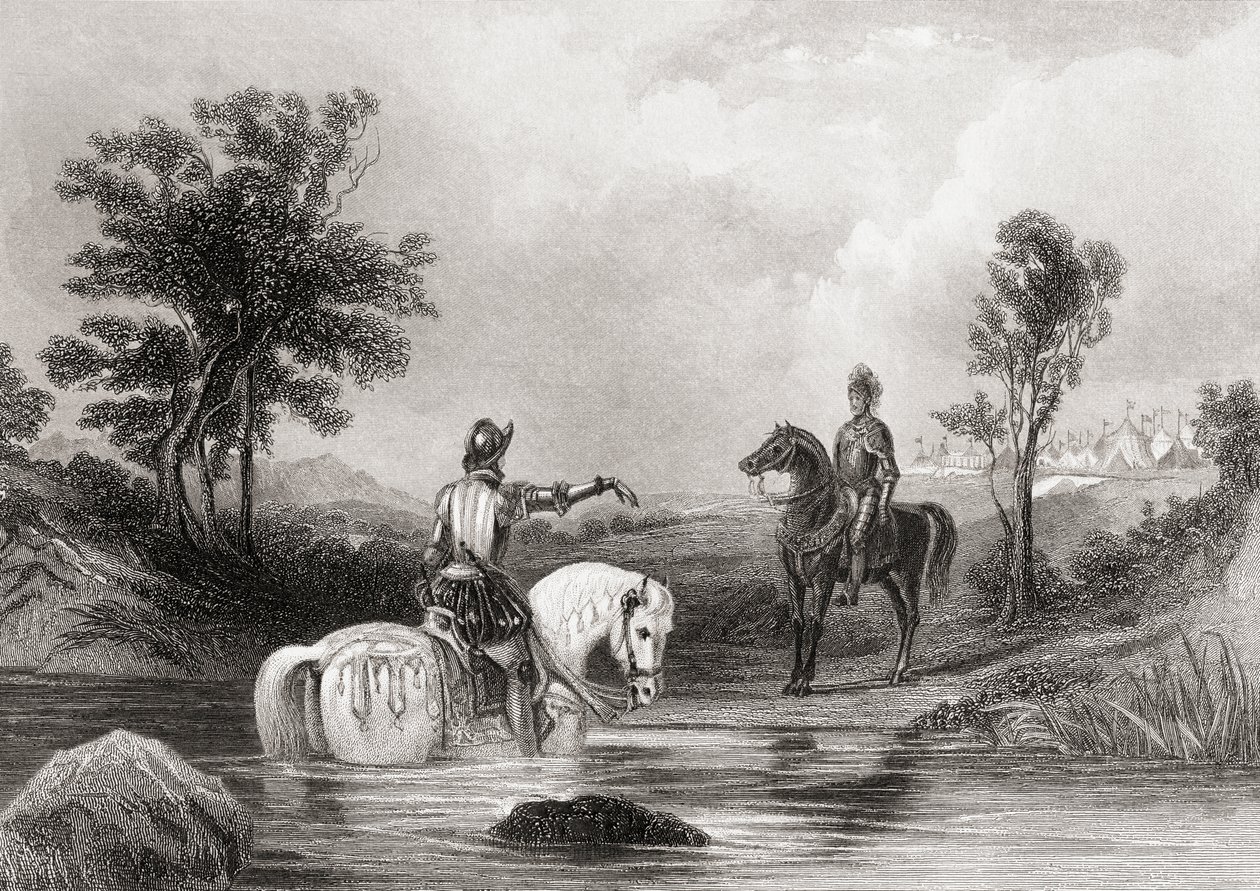 Spotkanie hrabiego Essex i hrabiego Tyrone w hrabstwie Louth w Irlandii w 1599 r., z „Historii Irlandii” Thomasa Wrighta, opublikowanej ok. 1854 r. autorstwa Henry Warren