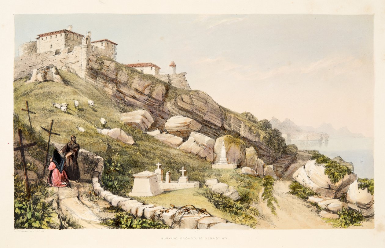 Miejsce pochówku brytyjskich oficerów na Wzgórzu Zamkowym San Sebastian, ze Szkiców scenerii w baskijskich prowincjach Hiszpanii, z wyborem muzyki narodowej?, wyd. 1838 (ręcznie kolorowane grawerowanie) autorstwa Henry Wilkinson