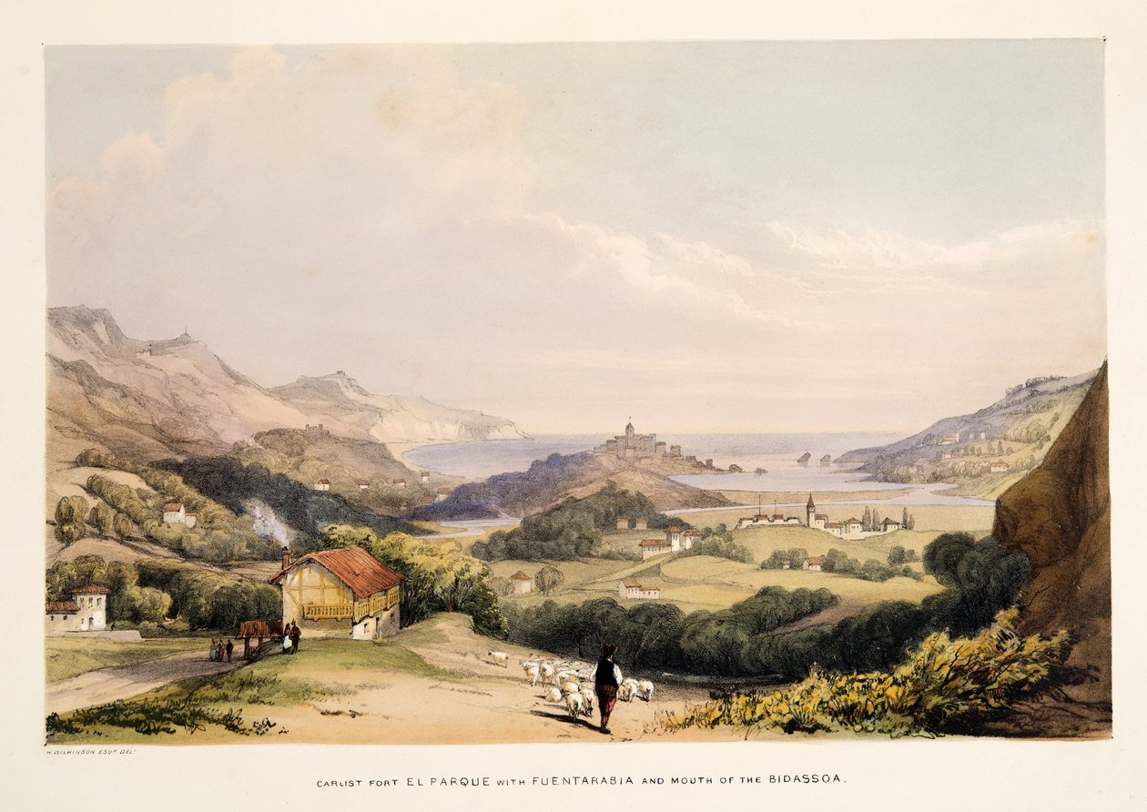Carlist Fort, El Parque, z Fontarabią i Ustami Bidassoa, ze Szkiców scenerii w baskijskich prowincjach Hiszpanii, z wyborem muzyki narodowej?, pub. 1838 (grawerowanie ręcznie kolorowane) autorstwa Henry Wilkinson