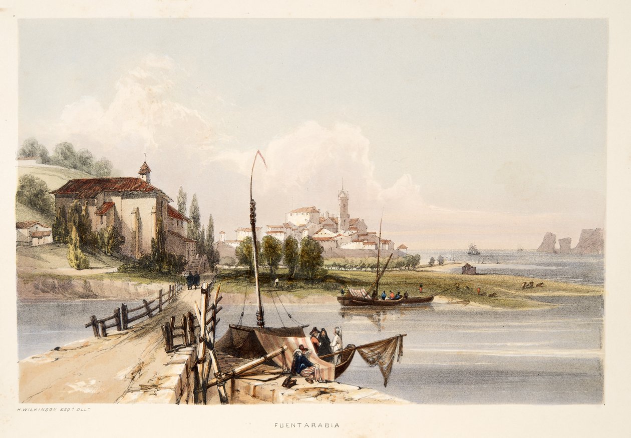 Fontarabia, z klasztorem i Mostem Capauchinos, ze Szkiców scenerii w baskijskich prowincjach Hiszpanii, z wyborem muzyki narodowej?, wyd. 1838 (grawerowanie ręcznie kolorowane) autorstwa Henry Wilkinson