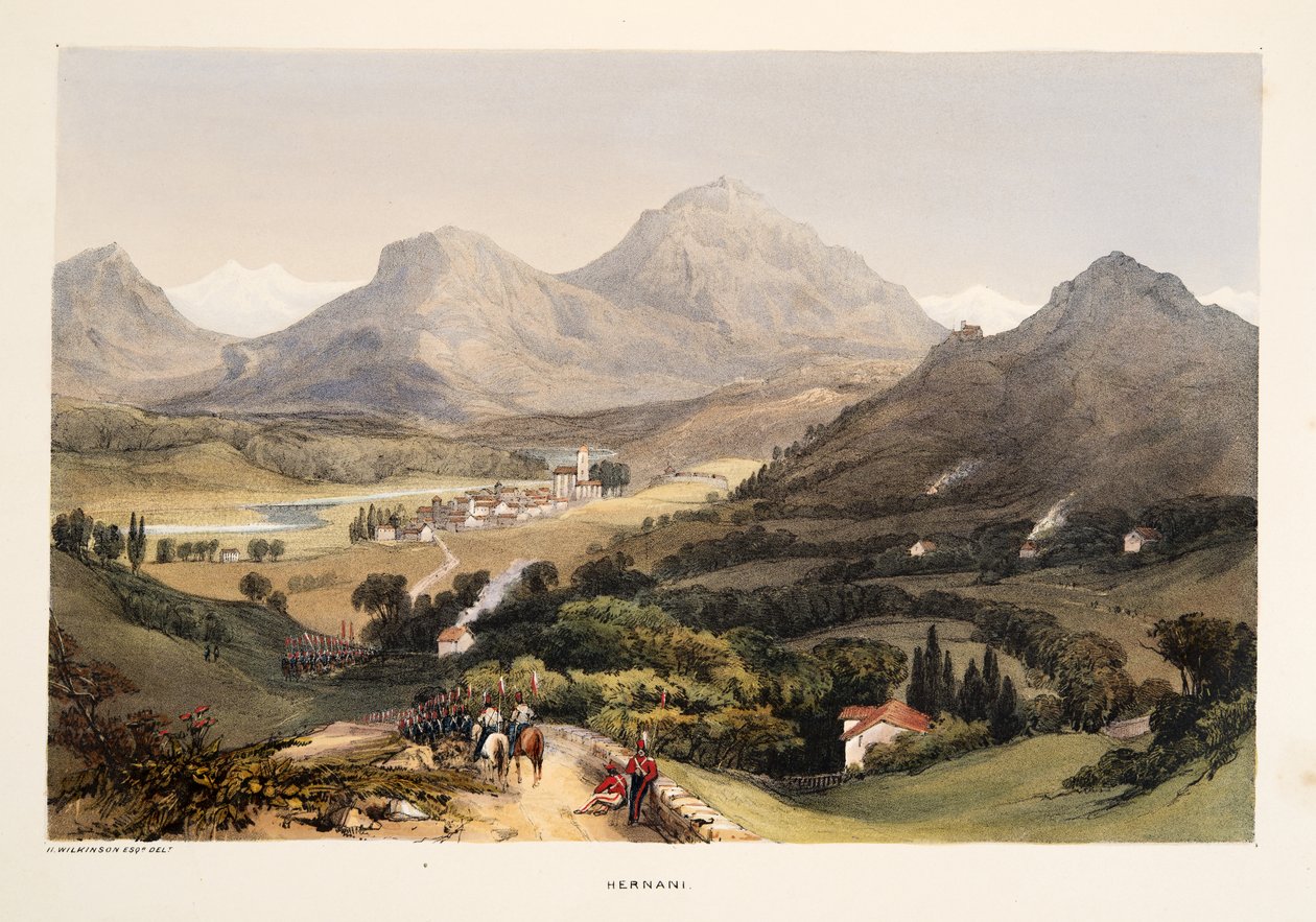 Hernani, ze Szkiców scenerii w baskijskich prowincjach Hiszpanii, z wyborem muzyki narodowej…, wyd. 1838 (grawerowanie ręcznie kolorowane) autorstwa Henry Wilkinson