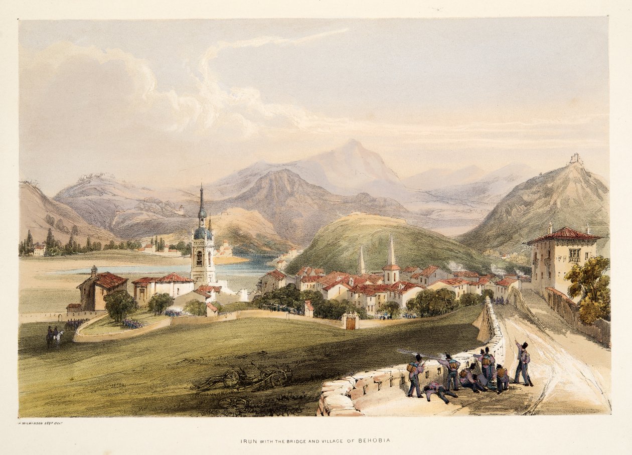 Irun, z górą San Martial i mostem Capauchinos, ze Szkiców scenerii w baskijskich prowincjach Hiszpanii, z wyborem muzyki narodowej?, pub. 1838 (grawerowanie ręcznie kolorowane) autorstwa Henry Wilkinson