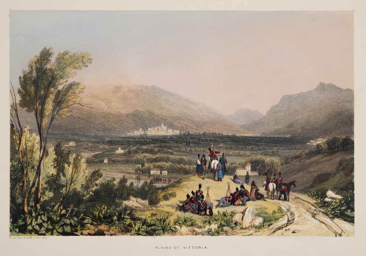 Plains and City of Vitoria, ze Szkiców scenerii w baskijskich prowincjach Hiszpanii, z wyborem muzyki narodowej?, pub. 1838 (grawerowanie ręcznie kolorowane) autorstwa Henry Wilkinson