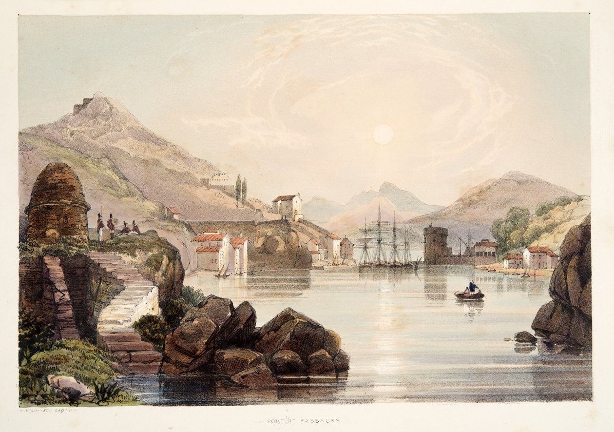 Port of Passages, od Szkiców scenerii w baskijskich prowincjach Hiszpanii, z wyborem muzyki narodowej?, pub. 1838 (grawerowanie ręcznie kolorowane) autorstwa Henry Wilkinson