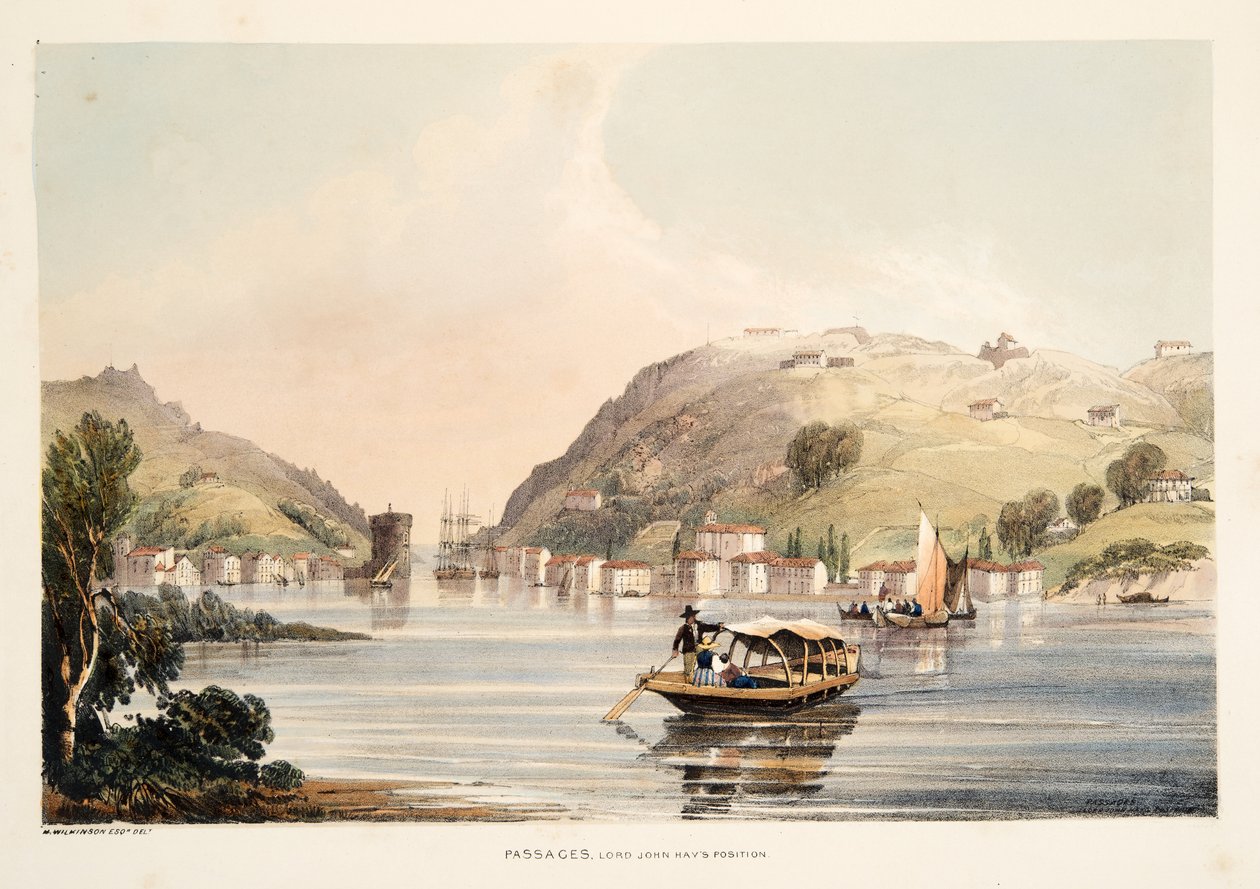 Stanowisko Lorda Johna Hay, w Passages, ze Szkiców scenografii w baskijskich prowincjach Hiszpanii, z wyborem muzyki narodowej?, wyd. 1838 (grawerowanie ręcznie kolorowane) autorstwa Henry Wilkinson